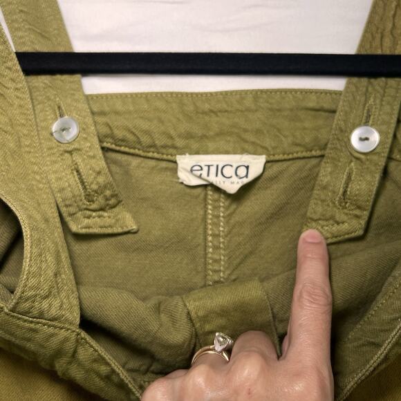 Etica Luisa Dress Size S Olive Green Denim Midi Button Front Straps NO TIE BELT - Picture 6 of 13